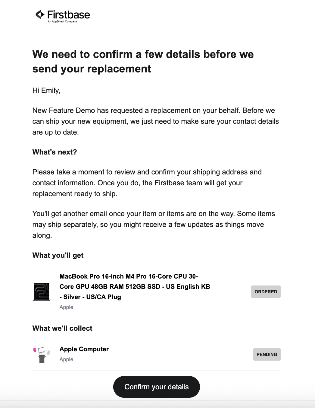 Details Confirmation for Returns and Replacements – Firstbase